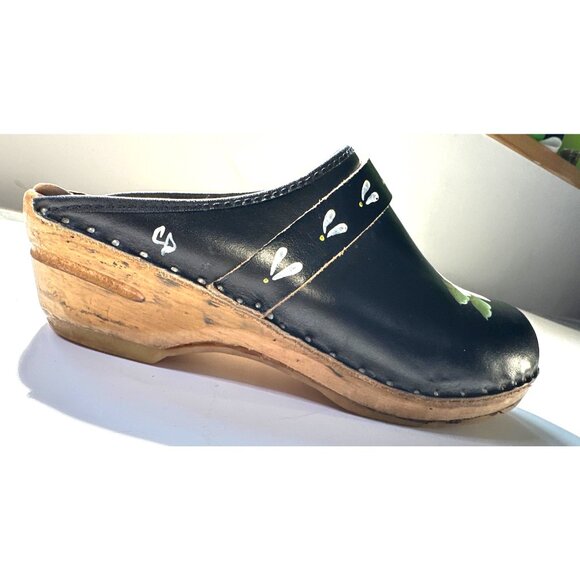 Handmade Swedish Black Leather Clogs With Hand-Painted Flowers Wood Sole Size 37 - Picture 15 of 16